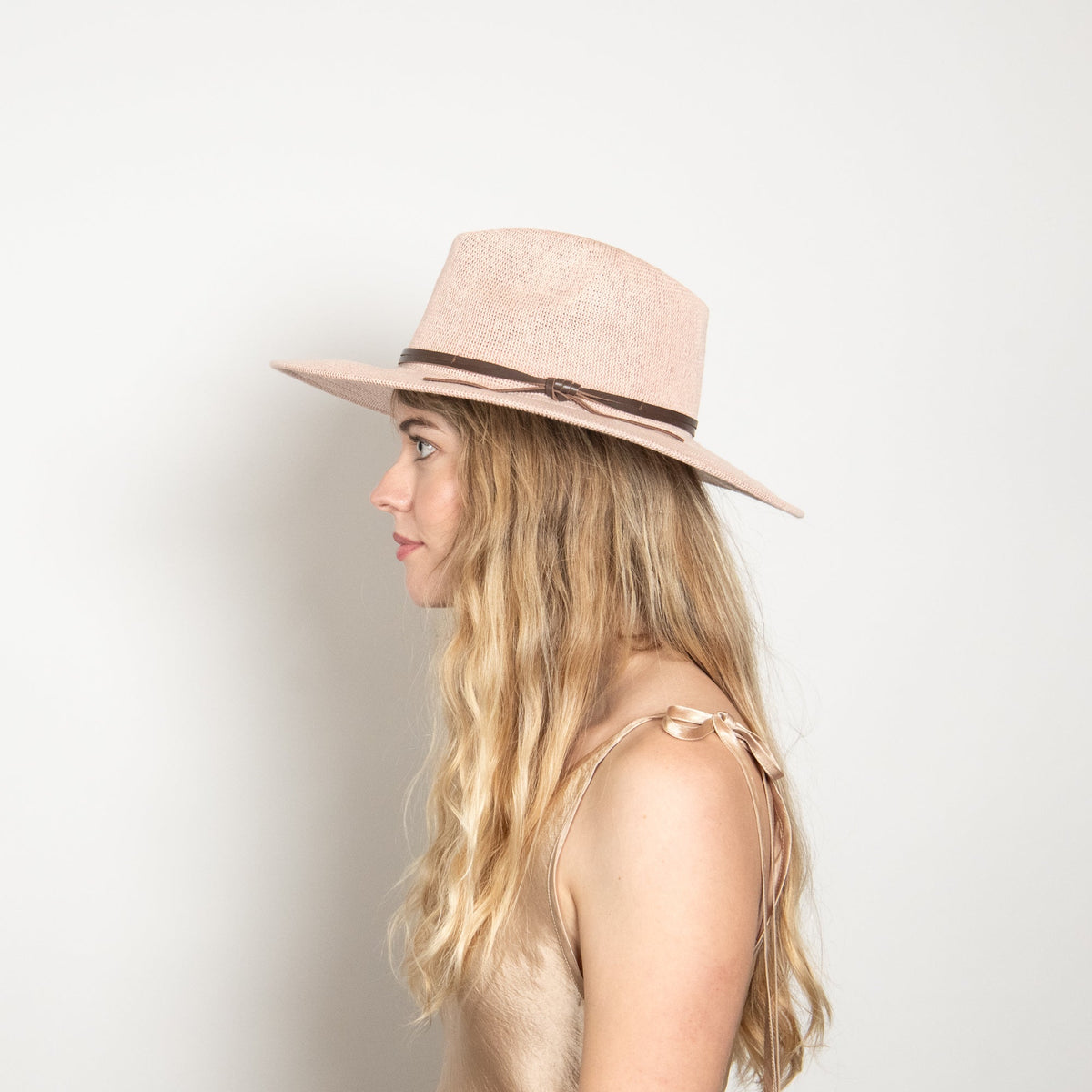 Aurelia Blush Leather-Trim Mesh Panama Hat