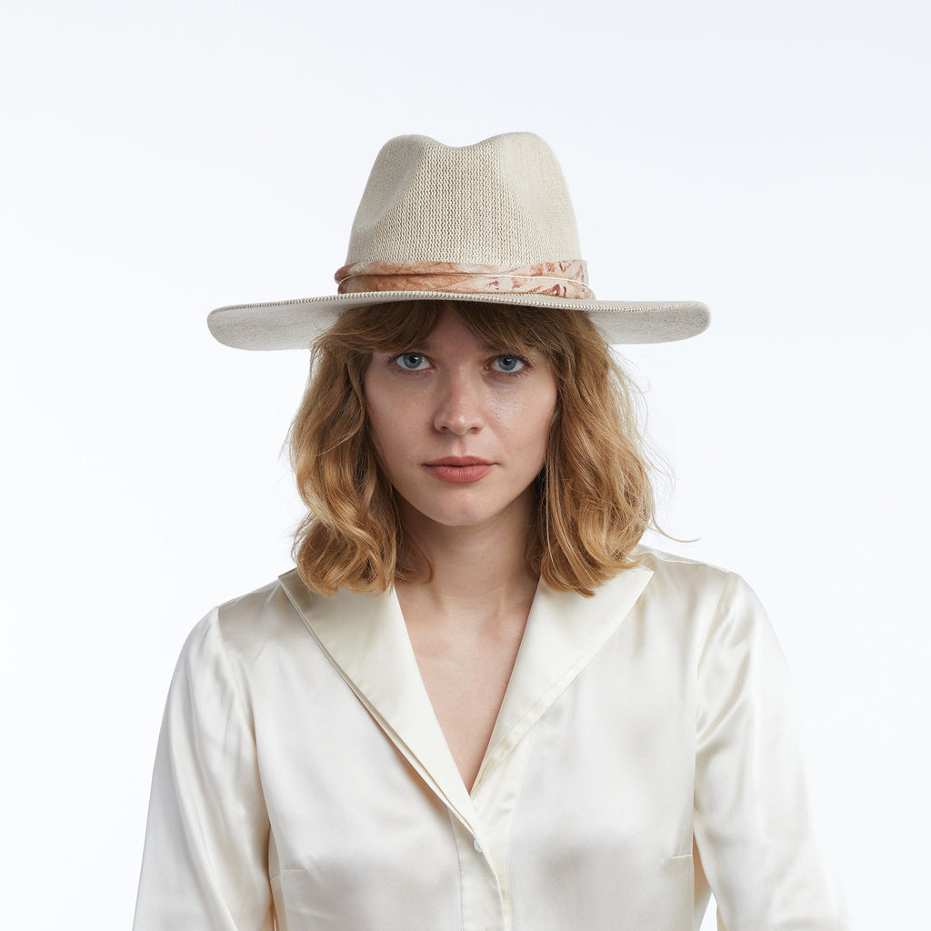 Halcyon Camel Scarf-Trim Mesh Panama Hat